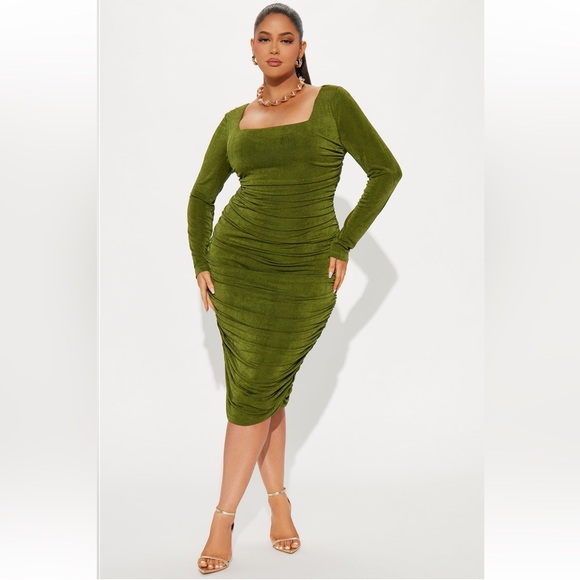 Fashion Nova Dresses & Skirts - Fashion Nova Kaci Ruched Midi Dress Olive NWT